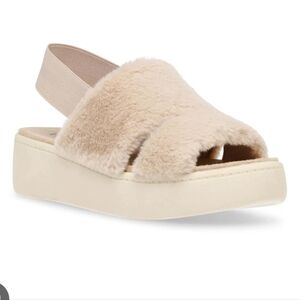 Anne Klein Beige Faux Fur Platform Sandals